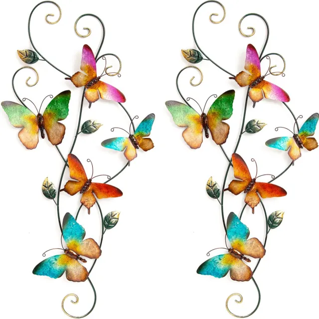 Anna's Collection Wand decoratie vlinders - 2x - gekleurd - 35 x 68 cm - metaal - muurdecoratie Blauw
