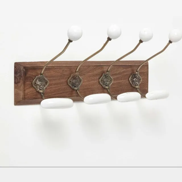 Homescapes vintage wandkapstok met keramische haken op massief houten strook Brons-Wit, Natuur