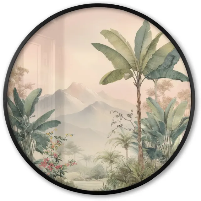 FrameYourWall Poster in lijst Rond - Fotolijst 60x60 cm - Posters - Tropisch landschap - palmbomen - Bloemen - Roze lucht - Ronde posterlijst zwart - Decoratie - Wanddecoratie woonkamer - Muurdecoratie slaapkamer Tropisch - Landschap