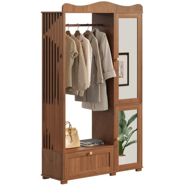 Clruro Kapstokkast - 115.5 × 38.5 × 194.5 cm - Met Spiegel - Open Kledingrek met Lade en 2 Deuren - Hout