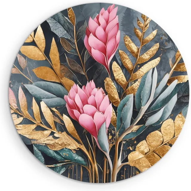 Saammp Muurcirkel Hout - Grote roze bloemen en gouden bladeren - Modern - Ø 60 - Wandcirkel - Wanddecoratie Cirkel - Muurdecoratie Woonkamer - Kantoor Decoratie