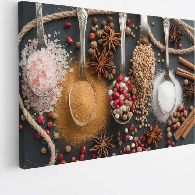 Saammp Canvas Schilderij - 4 Lepels met specerijen - 120x80 - Foto op canvas - Wanddecoratie - Muurdecoratie keuken - Slaapkamer decoratie - Canvas Print Multicolor