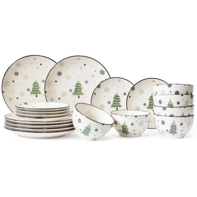 Cookinglife Serviesset - Kerstservies - Aardewerk - Groen 18-delig / 6 personen - 6 dinerborden, 6 ontbijtborden & 6 kommen