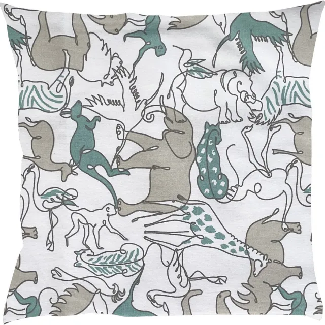BINK Bedding Sierkussen Safari 50 x 50 incl. vulling - dierenprint - lijntekening - grijs - groen - wit - zwart - olifant - tijger - leeuw - panter - aap - zebra - neushoorn - kangaroo - flamingo - jungle groen, grijs, zwart, wit