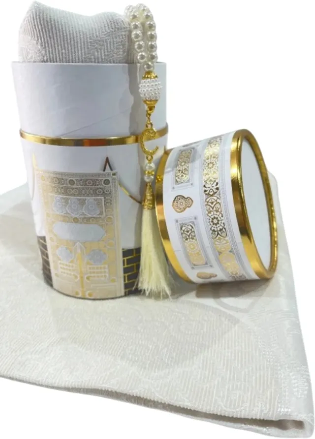 Box Kaaba White & Gold Patroon | Gebedskleed en 99 Parel Tasbeeh set - Speciale Gift Doos Wit & Goud