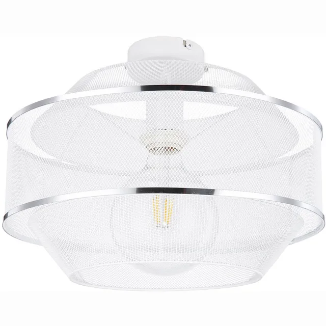 Globo Plafondlamp gaas eetkamer design lamp plafondlamp1 vlam met twee chromen ringen in raster look, metalen kooi wit, 1x E27 fitting, DxH 27,5x12x21,5 cm