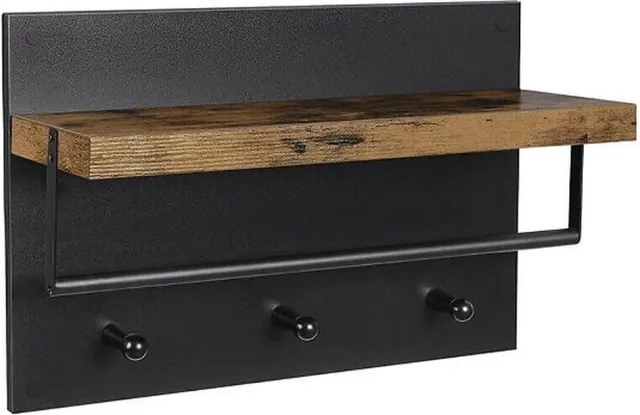 MAZAZU MIRA Home Wandkapstok met Plank en Ophangstang - Kapstok Muur met 3 Haken - Hout - Zwart/Bruin