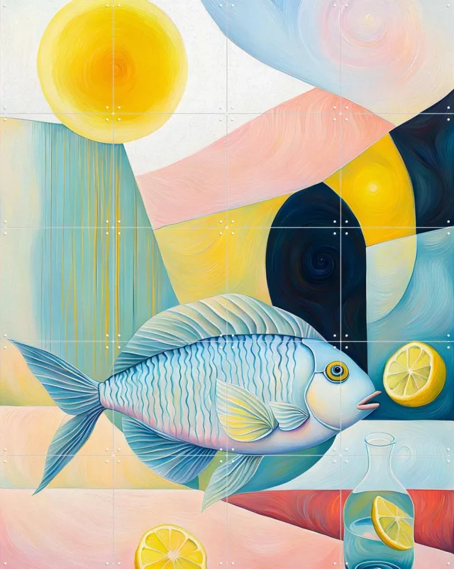 IXXI Pastel Fish, Artclaud - 80 x 100 cm - Grote wanddecoratie en posters - Kleurrijk, Olieverf, Speels, Surrealisme, Abstract, Illustraties, Digitale Roze / Blauw / Geel