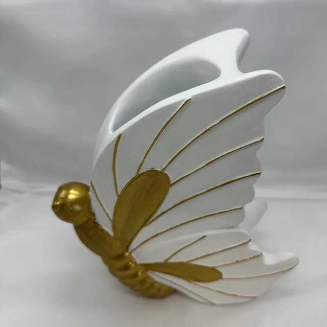 Impuls Decoratieve Vaas Vlinder - Wit + Goud + gouden strepen - hoogte 20x18x5cm - Polyresin - Woonaccessoires - Decoratieve vazen