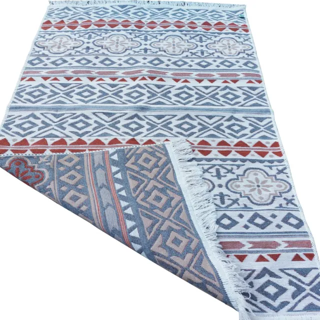 De Groen Home Katoen vloerkleed 200x300 cm Kilim - Klassiek - Woonkamer kelim tapijt -Machinewasbaar Gebroken wit