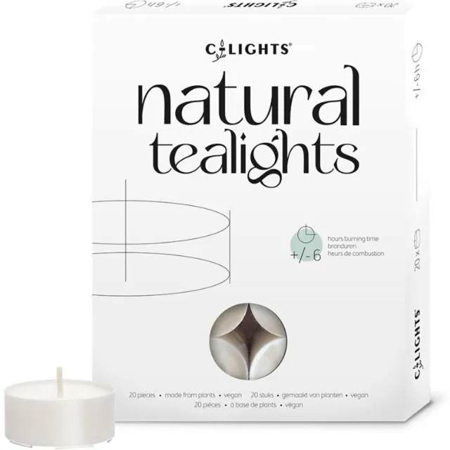 C-Lights Natuurlijke Theelichten - Waxinelichtjes - 20 stuks - 100% Plantaardige Wax & Eco-katoenen lont - Vegan - Duurzaam Wit, zwart, beige