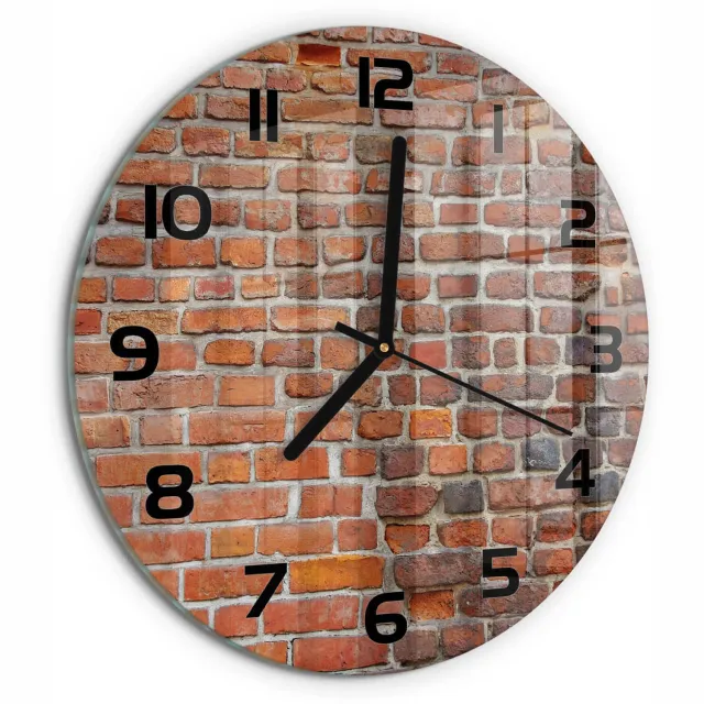 TULUP Wandklok - Bakstenen muur Decoratieve Glazen Klok - fi30 cm - Oranje Glazen Wandklok Design - Zwarte handen - Ronde Klok - Glazen Klok Met Print - Wandklok Glas Met Motief