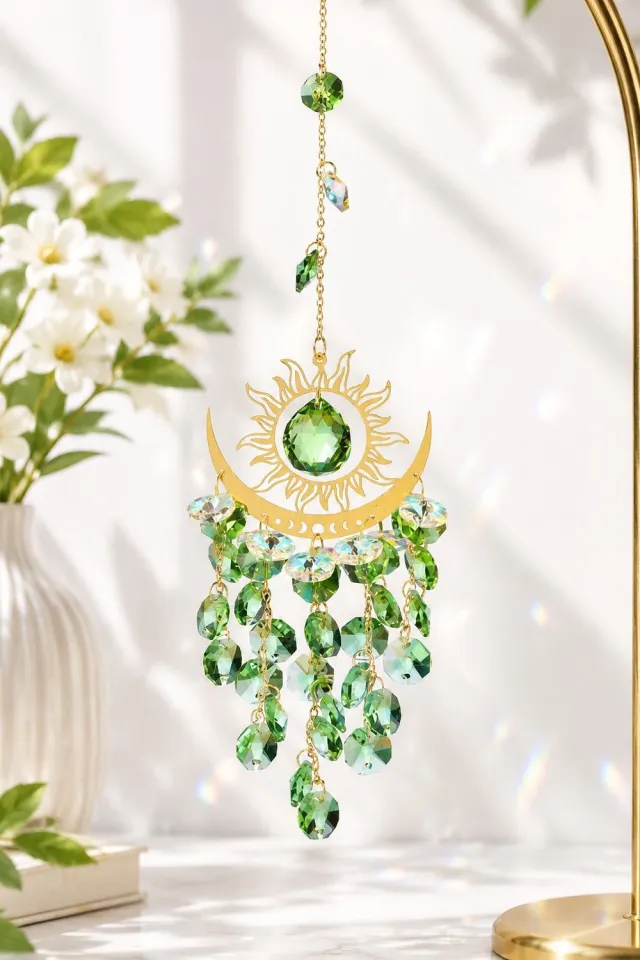 VHV Windspinner - Windgong buiten - Kristallen Suncatcher Zon & Maan 38 cm - Groen