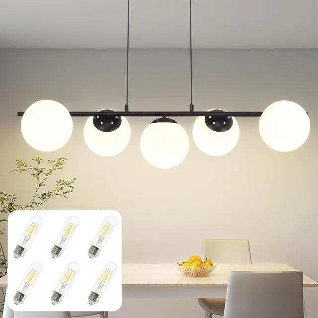Glitzerlife Hanglampen - Modern Minimalistisch - Hanglamp Eetkamer - Hoogte Verstelbaar - 5xE27 - Metaal Glas - Ø90cm - Wit Zwart - Woonkamer