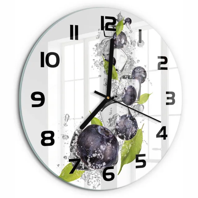 TULUP Wandklok - Bosbessen met ijs Glazen Wandklok Design - fi30 cm - Zwart Klok Glas Met Opdruk - Zwarte handen - Ronde Klok - Wandklok Glas Met Motief - Decoratieve Glazen Klok