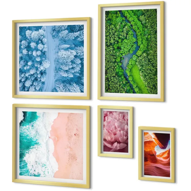 Coloray 5-Delige Schilderij Set - Natuurlijke Groene Landschappen In Harmonieuze Combinatie - 50 x 50 cm, 20 x 30 cm En 40 x 60 cm - Schilderijen Set - Wanddecoratie - Woonkamer - Stijlvolle Muurdecoratie Gouden lijst