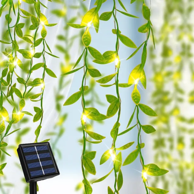 YAGXIG Solar lichtslinger voor buiten - 10 meter, 100 LED's - Kunstmatige klimop lichtslinger - Waterdicht - 8 standen - Klimop decoratie voor buiten - Geschikt voor tuinen, Kerstmis, bruiloften, terrassen, veranda's en feesten