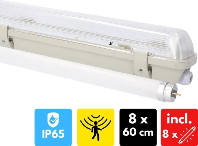 Proventa Outdoor LED TL Armaturen met bewegingssensor en lichtsensor - Waterdicht - 8 x 60 cm Wit