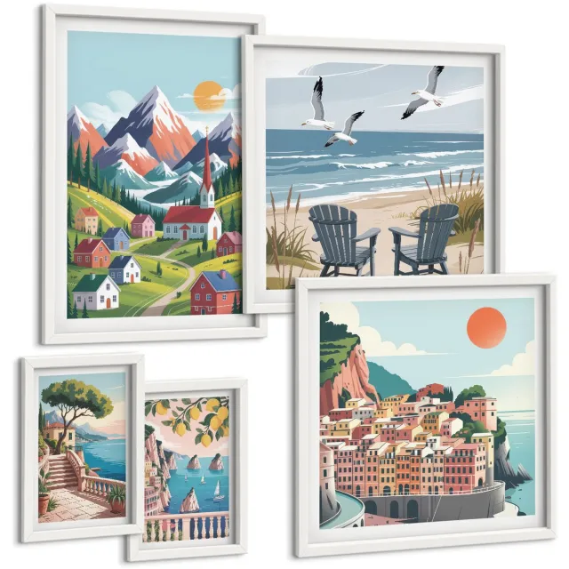Coloray 5-Delige Schilderij Set - Berg- En Kustlandschappen In Retrostijl - 50 x 50 cm, 20 x 30 cm En 40 x 60 cm - Muurdecoratie - Interieur Decoratie - Decoratieve Schilderijen Witte lijst