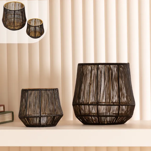 Gadgy Waxinelichthouder Rond - Theelichthouders Set van 2 - Sfeerverlichting binnen - Kaarsenhouders voor Waxinelichten - Rattan - Groot 15,5x16 cm - Klein 9x10 cm zwart