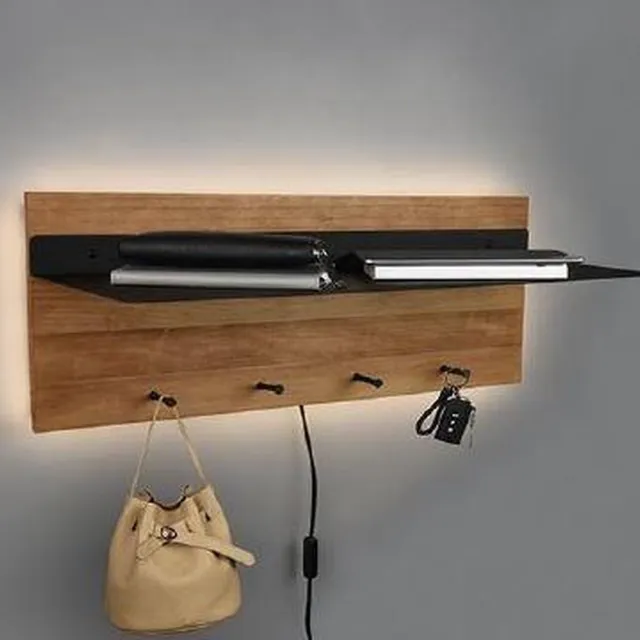 Mirrors and more Wandkapstok Samantha hout en metaal met LED verlichting - Zwarte haken