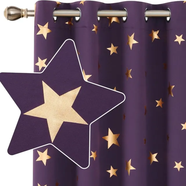 Allecto Plus Set van 2 ondoorzichtige gordijnen 138 x 117 cm voor slaapkamer, zonwering donkerpaars met oogjes Any