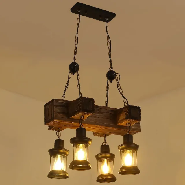 Mrs. Jones 4 Kop Houten Kroonluchter - Vintage Hanglamp - 55 cm- Verstelbaar Ketting - Retro Hanglamp