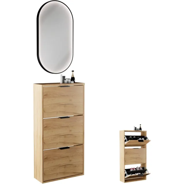 Planetmöbel STIVIO Schoenenkast 60 cm 3 Kleppen Goud Eiken LED Spiegel