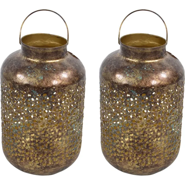 Lesliliving Lesi Living Lantaarn/windlicht - 2x - Oosterse stijl - goud - metaal - antieke uitstraling - 20 x 32 cm Goudkleurig