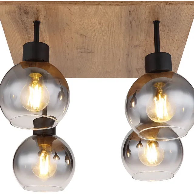 Globo Lighting Plafondlamp eettafel retro plafondlamp rustiek landhuis woonkamer hout, MDF glas gerookt metaal, 4 vlammen E27, LxBxH 40x40x33,5cm Bruin