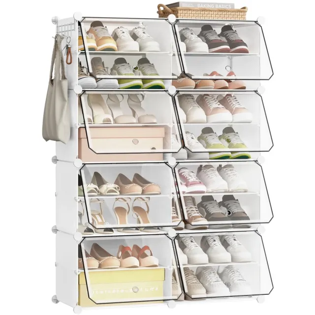 Wolcky Modulaire Schoenenkast - Schoenenrek - Schoenen Organizer - Stapelbaar en Opvouwbaar - Transparant - Opbergkbus met deuren - Ruimtebesparend - Wit