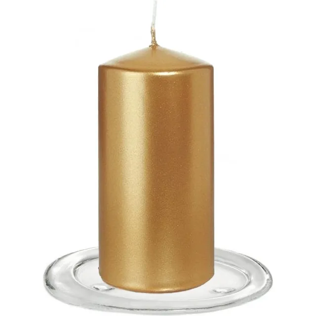 Trend Candles Stompkaarsen met glazen onderzetters set van 2x stuks goud metallic 6 x 12 cm Goudkleurig
