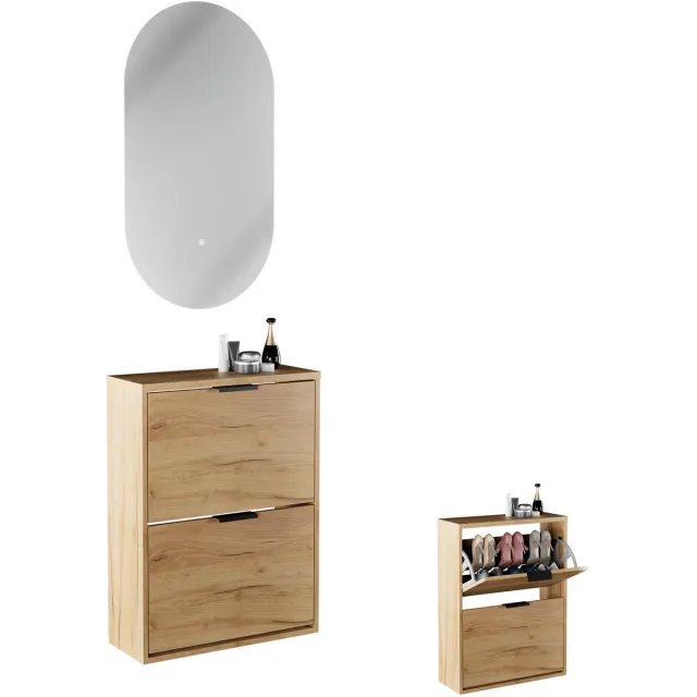 Planetmöbel STIVIO - Schoenenkast 60 cm met LED-spiegel - Goud eiken - 2 kleppen - 2-delig 2 kleppen. Goud eiken