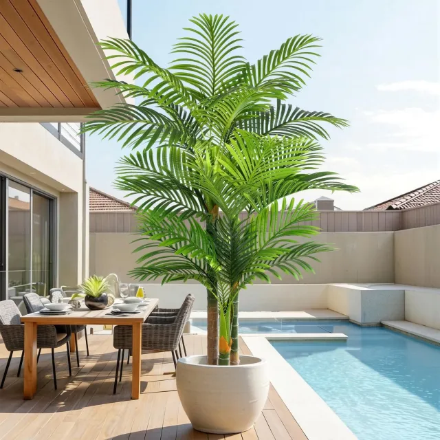 Famanu Kunstmatige gouden palm van 180 cm voor binnen en buiten, UV-bestendig kunstplant met realistische bladeren en bamboestammen, ideaal voor woonkamer, slaapkamer, kantoor en tuin decoratie (1 stuk