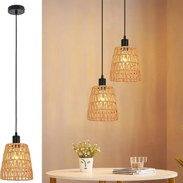 Glitzerlife Hanglampen - Boho Retro Vintage - 1xE27 - Verstelbare hoogte - Rattan papierkoord ijzer - Ø18cm - 25W - Eetkamer Slaapkamer Woonkamer Schijf nr. 2