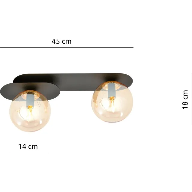 Emibig Randers mooie dubbele ovalen plafondlamp zwart met 2 amber bollen E14 - Perfect voor een sfeervolle inrichting Zwartachtig