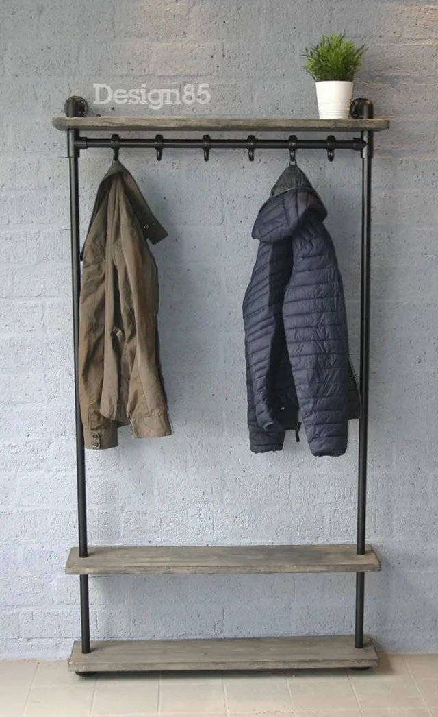 Design85 Industriële Wandkapstok met Hoedenplank Vintage – Steigerbuis Kapstok van Hout & Zwart Staal – Design85
