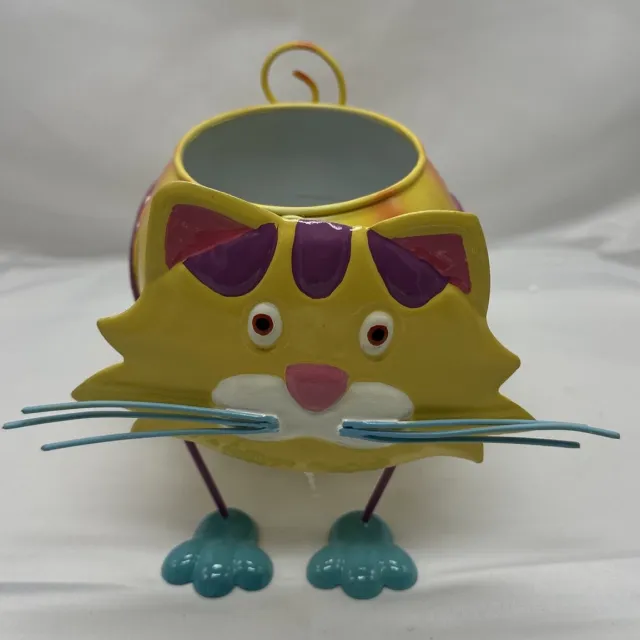 Impuls Metalen deco (tuin) pot "kat" - meerkleurig - hoogte 15x 15x dia 8.5cm - Woonaccesoires - Tuinaccessoires