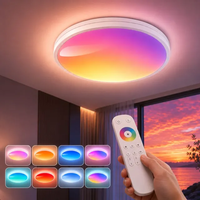 MUPOO Daglichtlamp LED Plafondlamp 48W –RGB Plafonnière met Dynamische Hemellichteffecten –Dimbaar & Afstandsbediening Daglichtsimulatie & Geheugenfunctie –Tegen Winterdip-oor Woonkamer, Slaapkamer - Ø37 cm Wit