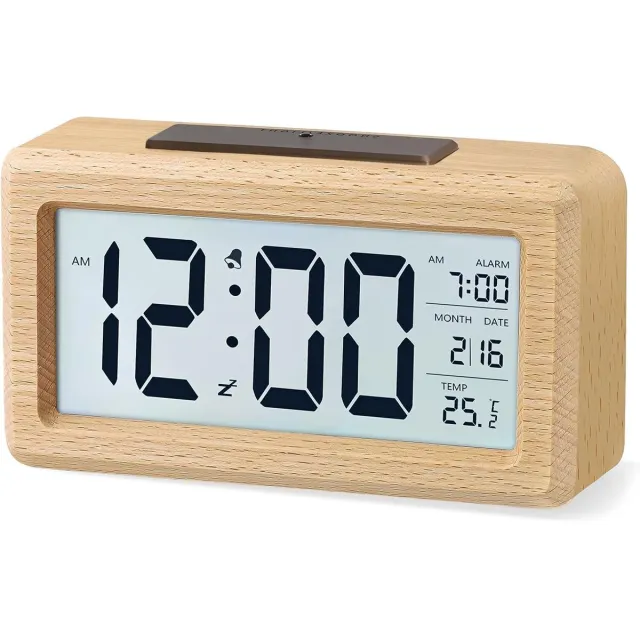 VHV Houten Digitale Wekker voor Slaapkamer - Wekker met LCD Display en Verlichting - Batterij Gevoed Nachtkastje Klok met Temperatuurweergave en Snooze - Beige