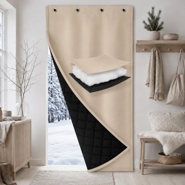 Famanu Thermisch isolerende gordijnen tegen kou, deurdecoratie van L 80 x H 204 cm, waterdicht gewatteerd deurgordijn, warmte-isolatie en winddicht, beige