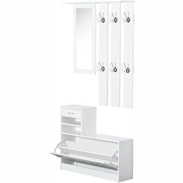 Roossentials halmeubel - Multifunctioneel meubilair hal - Spiegelrek - Met schoenenrek - Met haken, lade en opbergruimte - Kapstok - Wit