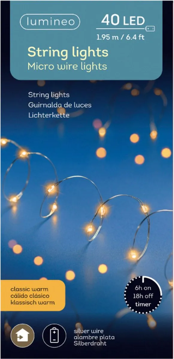 Lumineo draadverlichting lichtsnoer - zilver - 40 led lampjes - warm wit - 195 cm - timer - kerstverlichting - op batterijen - zilverdraad
