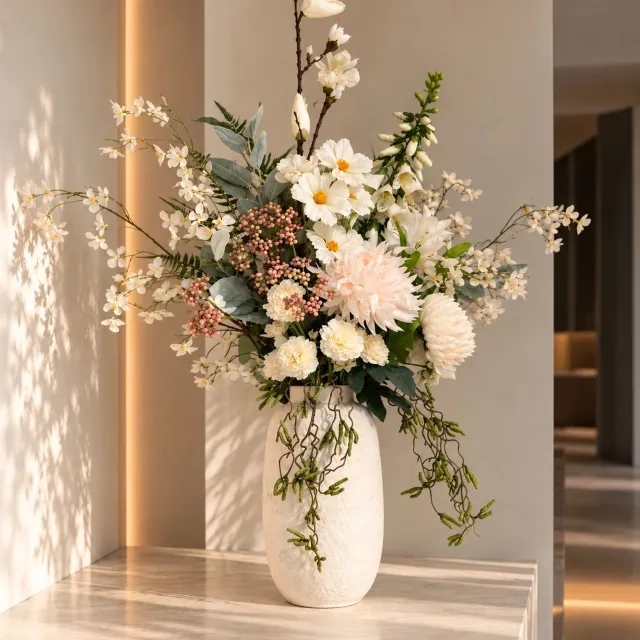 Flova Silk Premium Luxe Zijden bloemen , Bloemenarrangement met keramieken Vaas - Witte Kunstbloemen - Bridal & Wedding Decoratie - Trouwfeest, Event & Woondecoratie XXL 125 cm Lichtroze , creme , wit , groen en gele bloemaccenten