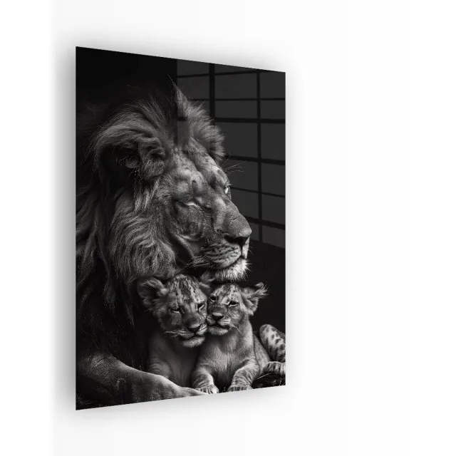 Indoorart Glasschilderij Trots van de Leeuw 60x90 CM - Afbeelding op plexiglas - Inclusief montagemateriaal zwart, wit