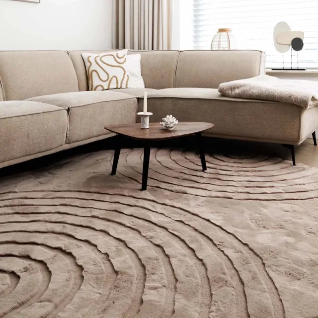 Tapeso Fluffy vloerkleed rond - Carvy taupe 160