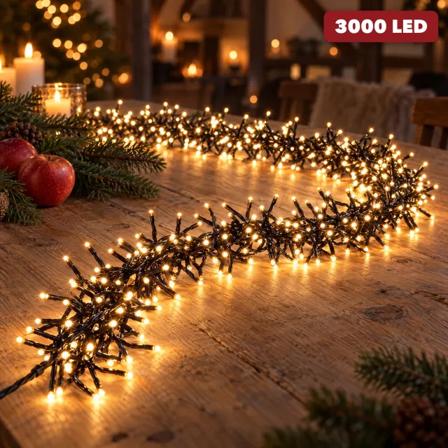 Lomera Clusterverlichting 3000 LED - 22 Meter - Warm Wit - Kerstverlichting voor Binnen en Buiten - Kerstlampjes - Kerstboomverlichting - Timer - 8 Lichtfuncties met Geheugen - IP44 - Lichtsnoer - Sfeerverlichting