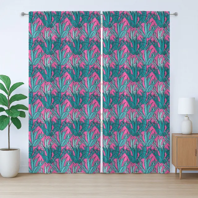 ABAKUHAUS Botanisch Rustiek Gordijn, Agave, Slaapkamergordijn met Plooiing, Lusjes en Haken, 280 x 260 cm, Roze, Teal en Zeegroen