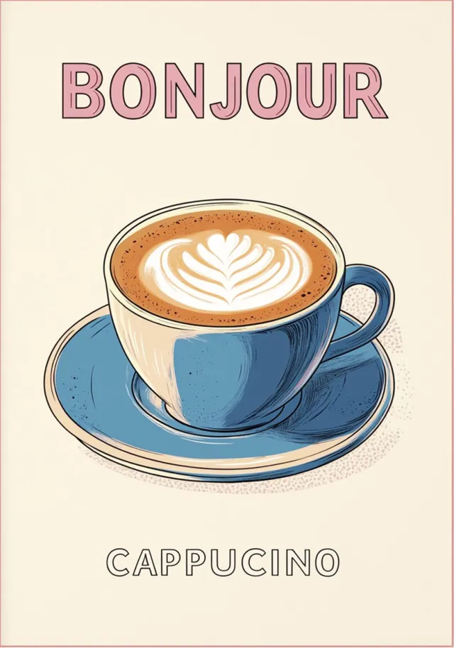 BONJOUR Cappuccino' Poster Ingelijst | Minimalistische Koffie Wanddecoratie met Retro Illustratie | A3 (30 x 40cm) Formaat met Lijst | Perfect voor Keuken of Koffiehoek Blauw