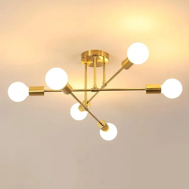 Haobosic Industriële plafondlamp, 6-lichts vintage Sputnik kroonluchter goud, E27 metalen hanglamp, moderne plafondlamp voor woonkamer, slaapkamer, keuken, eetkamer, bar, café Gouden